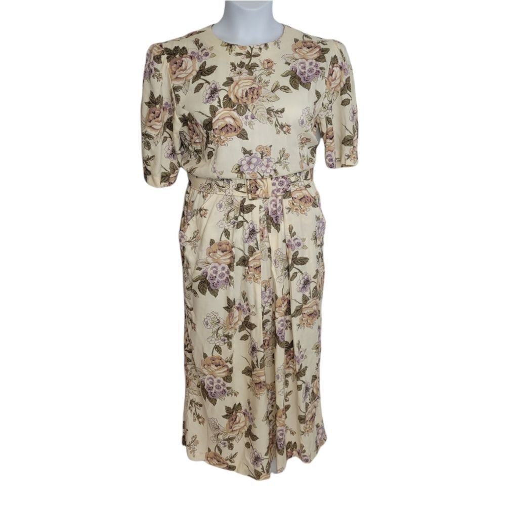 VINTAGE 80s dress ivory floral belted cottagecore midi S